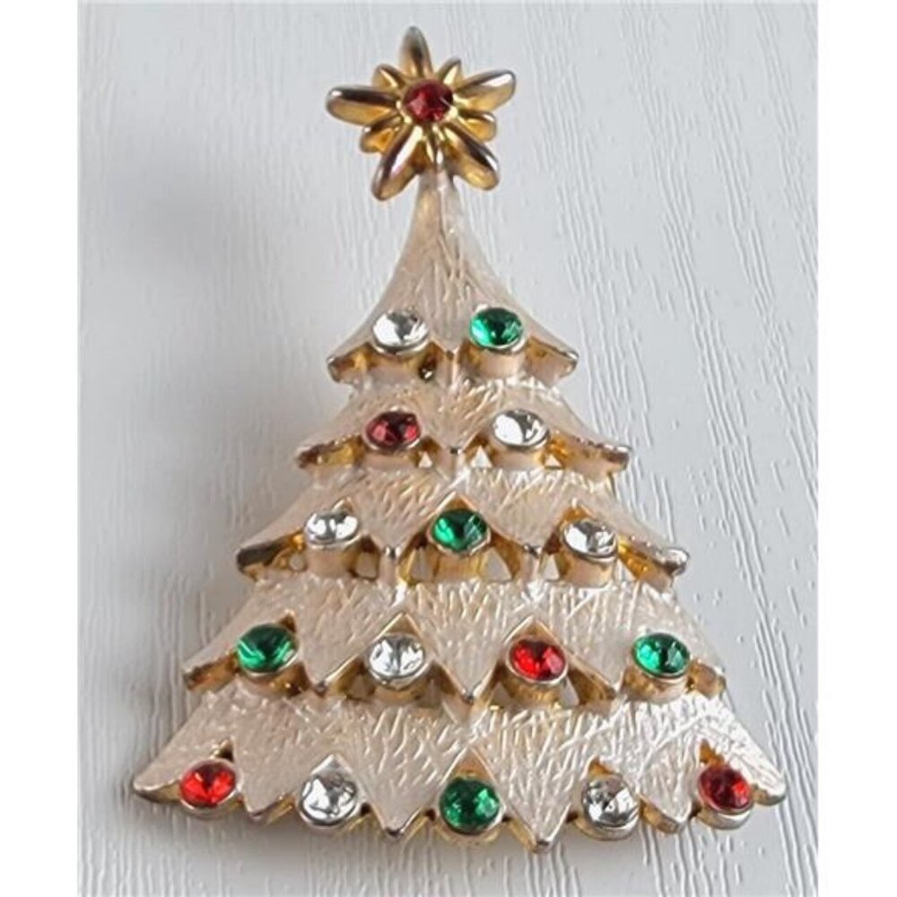 Vintage Christmas Tree Brooch Mid Century Rhinestone Holiday 2 Inch